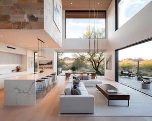 Modern open-concept living area with stunning desert views