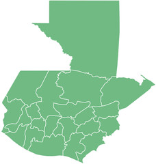 Vector map of Guatemala showing all regions with clearly defined borders and country outline. Green color scheme with white contours. Perfect for educational, infographic, and professional use.