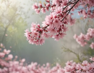 Obraz premium Delicate pink sakura petals drift gently against a soft-focus spring backdrop , delicate, wallpaper