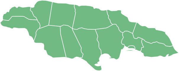 Vector map of Jamaica showing all regions with clearly defined borders and country outline. Green color scheme with white contours. Perfect for educational, infographic, and professional use.