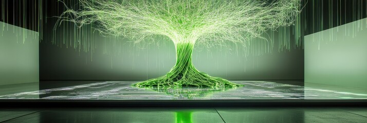 Futuristic green digital tree with glowing branches and roots in a high-tech environment, representing technology and innovation concepts. Eco-friendly computer technology