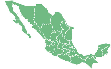 Vector map of Mexico showing all regions with clearly defined borders and country outline. Green color scheme with white contours. Perfect for educational, infographic, and professional use.
