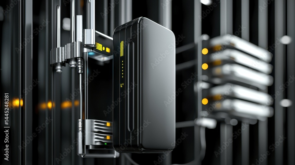 Poster sleek black server unit in a modern data center surrounded by cables and tech elements.