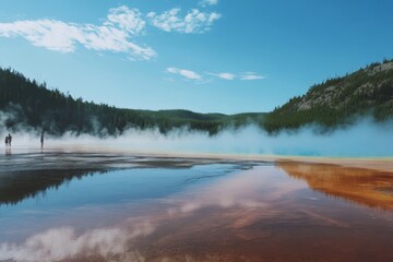 Fototapeta premium Vibrant geothermal pool, reflecting a serene sky. Misty, colorful hot spring