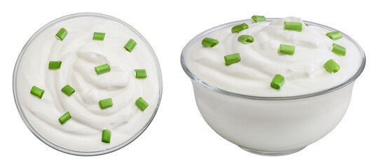 sour cream or yogurt in glass bowl isolated on white background with full depth of field. Top view. Flat lay