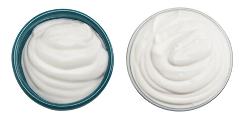 sour cream or yogurt in ceramic bowl isolated on white background with full depth of field. Top view. Flat lay