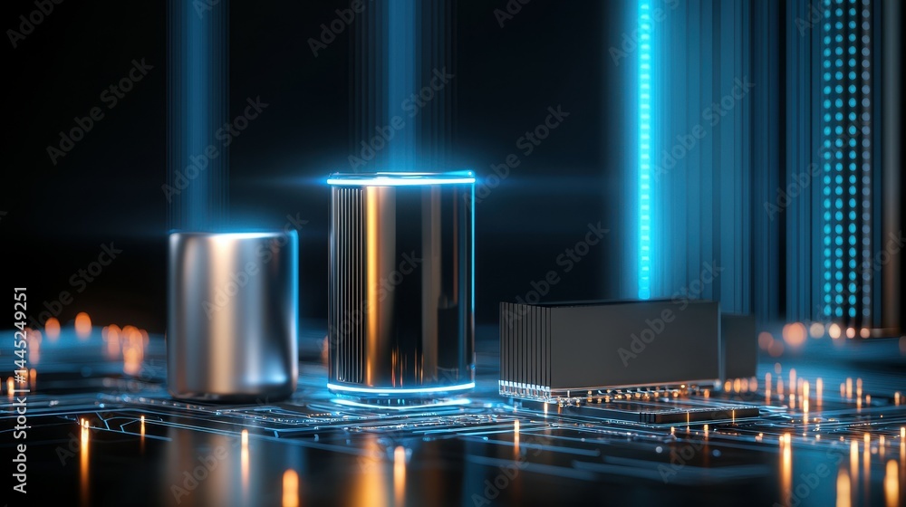 Poster futuristic digital data center with glowing processors and circuit board elements.