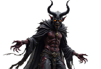 Fototapeta premium Powerful and menacing demonic figure with curved horns, sharp teeth, and a ragged cape stands confidently, showcasing a muscular physique and intense, predatory gaze