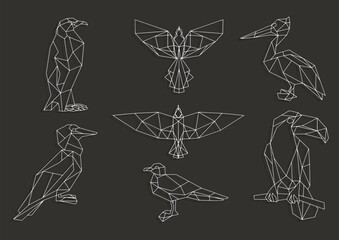 Bird triangular icon set. Penguin, toucan, seagull, pelican. Bird triangular icon set, geometric trendy line design. Vector illustration for tattoo or coloring book.