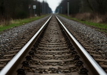 Train track perspective leading to a distant light on overcast day for travel and adventure concept background