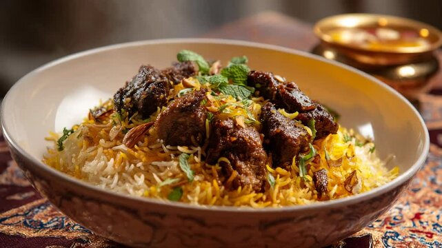 Bowl of savory meat and rice dish topped with mint, presented on ornate textile surface.