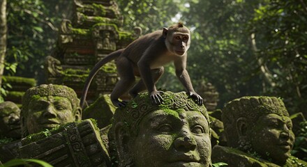 Monkey on ancient stone sculpture in lush green environment