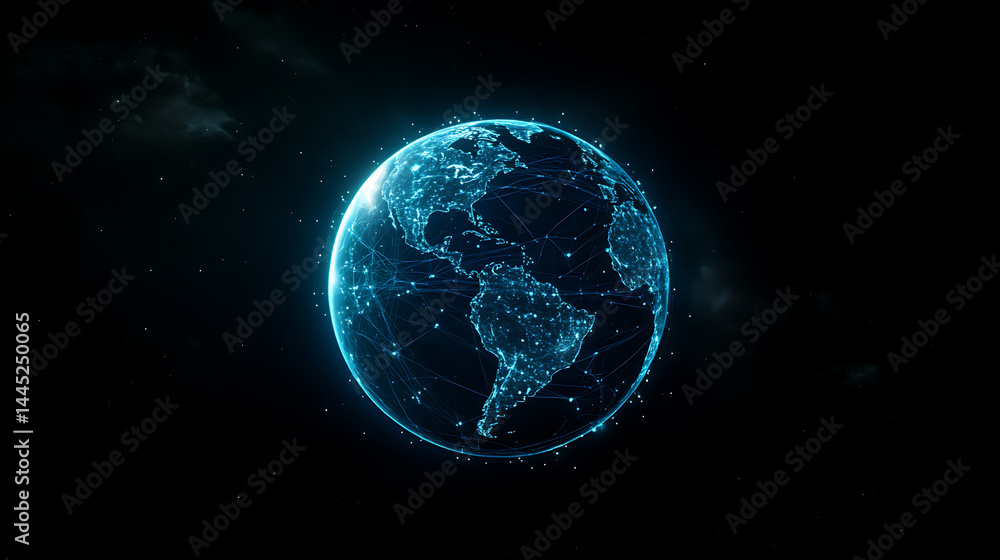 Poster planet earth in space , binary code technology , glowing sphere on black background