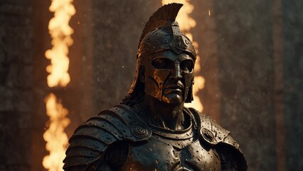 A statue of Herantus, the bronze war deity, covered in battle scars, divine embers flickering within his helmet