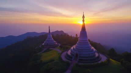 Breathtaking sunset over pagodas mountain view aerial photography serene environment panoramic perspective