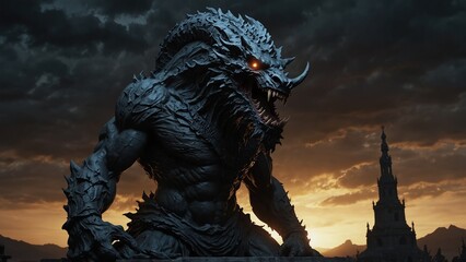 Fototapeta premium A statue of Phrykas, the shadow devourer, with a massive maw of darkness unfolding behind him, seemingly ready to consume all light