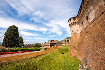 View of the castle in the historic town of Gradara in Italy. Tourist destination in Italy.
