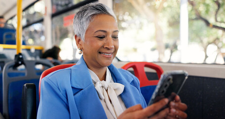 Cellphone, professional and businesswoman on bus for travel checking email, communication or...