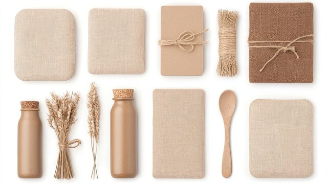 Flatlay of EcoFriendly Brown and Beige Accessories on White Background