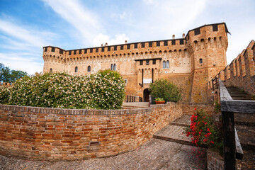View of the castle in the historic town of Gradara in Italy. Tourist destination in Italy.