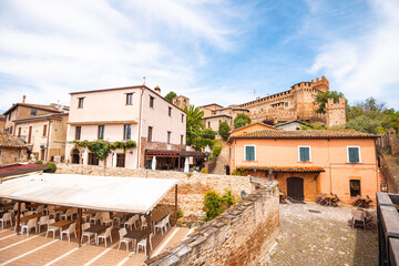 View of the castle in the historic town of Gradara in Italy. Tourist destination in Italy.