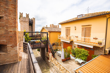 View of the castle in the historic town of Gradara in Italy. Tourist destination in Italy.