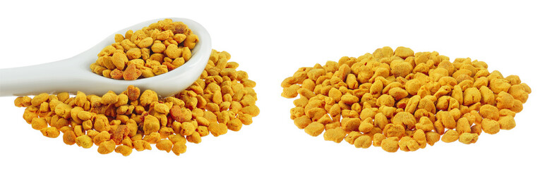 Bee pollen grains in ceramic spoon isolated on white background