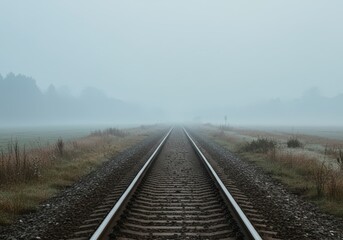 Obraz premium Empty railroad track disappearing into thick fog in a countryside landscape. Travel or adventure concept for background or design element.