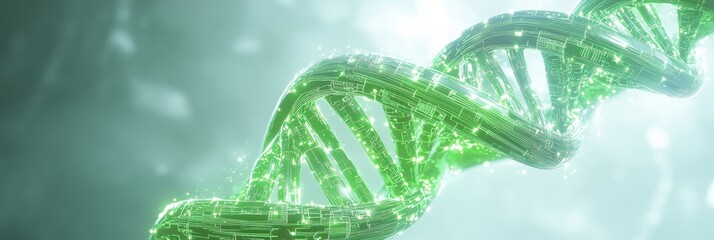 Futuristic green digital dna helix on abstract background showcasing advanced genetics and biotechnology themes. Eco-friendly computer technology