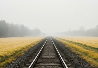 Obraz premium Endless railroad track disappearing into foggy distance through a field for concept of journey, unknown future, adventure and the passage of time