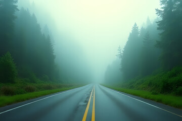 Naklejka premium Misty road journey enchanted forest landscape photography serene environment perspective of tranquility