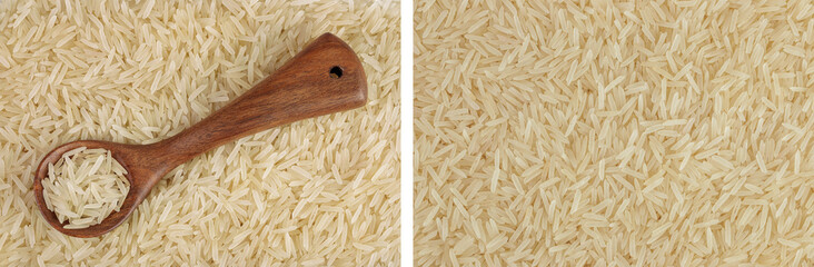 rice basmati in wooden spoon as a background. Top view. Flat lay