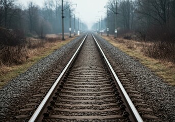 Straight railroad tracks disappear into a misty forest landscape on a gloomy day, symbolizing travel, adventure, and an open pathway forward.