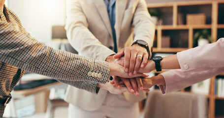 Hands, together and stack with business team in office, support or mission for financial...