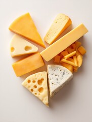 National Cheese Lover’s Day heart made of assorted cheese slices arranged on soft pastel background for poster banner layout, clean composition, Selective Focus..