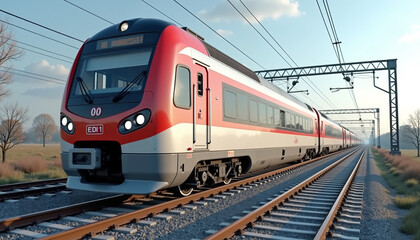 Fototapeta premium Modern passenger train traveling on tracks in a rural landscape during daytime