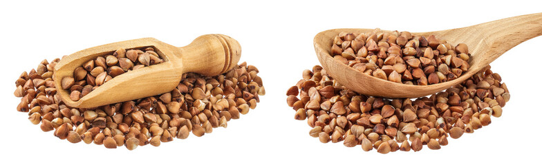 Raw buckwheat in wooden scoop and spoon isolated on white background
