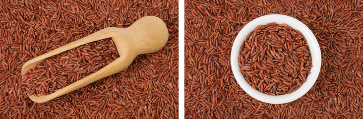 red rice in a wooden scoop and ceramic bowl as a background. Top view. Flat lay