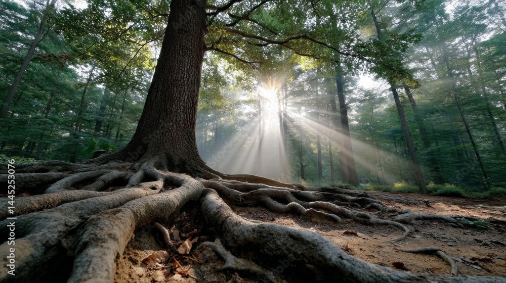 Poster giant tree roots weave intricately into the earth, illuminated by soft sunlight streaming through th