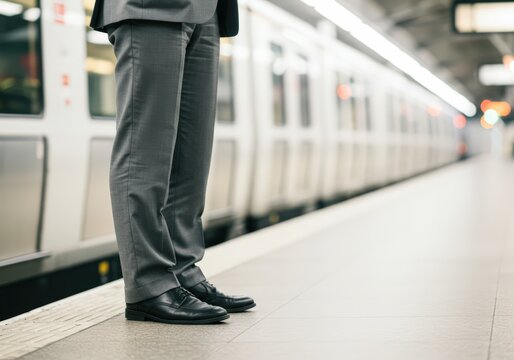 Man waiting on a subway platform for commuter train. Business travel or daily commute concept. Transportation and urban lifestyle.
