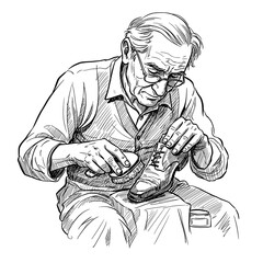 Elderly man polishing leather shoe with brush