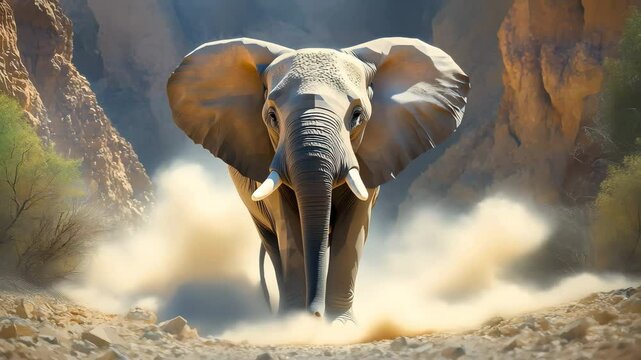 Majestic elephant running wild through rugged rocky terrain in its natural habitat environment