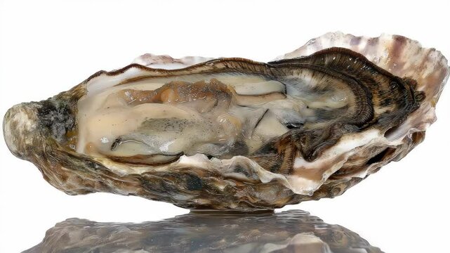 Close up photo of an open oyster shell revealing the glistening oyster meat inside with a reflective surface against a bright background