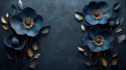 Dark blue paper flowers, gold accents on textured dark background