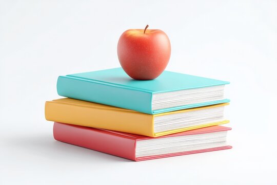 Stack of colorful books red apple isolated white background 3D render vibrant educational concept school learning symbol fresh academic inspiration design, 3D, Copy Space, Isolated..