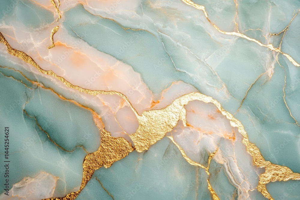 Poster elegant teal and gold marble texture with intricate veining patterns.
