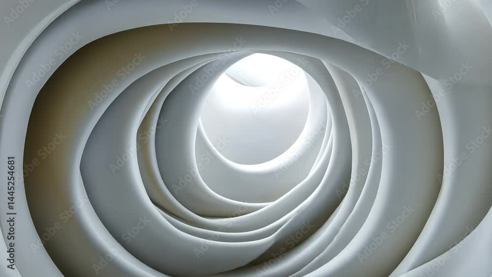 Poster mesmerizing abstract design of smooth, white spiraling curves creates sense of depth and light, evok