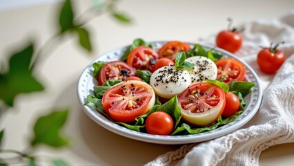 Fresh and Colorful Salad with Tomatoes and Cheese on White Plate