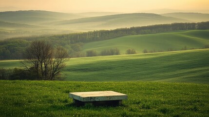 Serene Sunrise Concrete Bench Overlooking Rolling Hills.