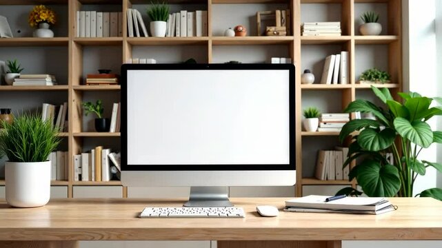 Clean modern workspace with desktop computer, green plants, and notebooks on wooden desk, home office interior with wooden shelves behind